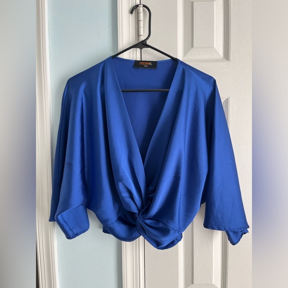 Renee C. Satin Twisted Crop Top in Blue, Size Medium - Picture 3 of 5